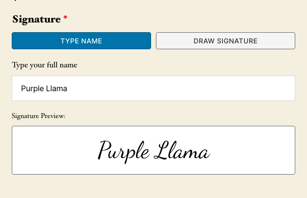 A Ninja Forms Signature field on the front end in Type Name mode, with the name Purple Llama typed in and a live cursive preview of the signature below it.
