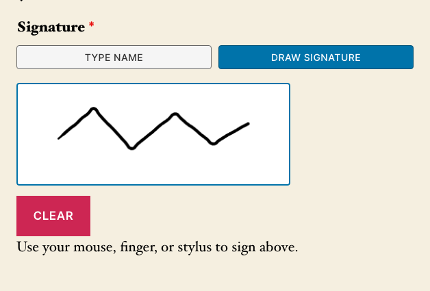A Ninja Forms Signature field on the front end in Draw Signature mode, showing a hand-drawn signature on the canvas above a Clear button.