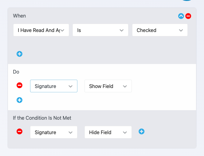 A Ninja Forms Conditional Logic rule: when the I have read and agree checkbox is checked, show the Signature field; if the condition is not met, hide the Signature field.