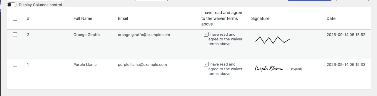The Ninja Forms Submissions screen for a waiver form, with a Signature column showing one drawn signature image and one typed name rendered in cursive.