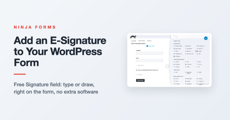 An e-signature WordPress form field showing a typed name in cursive next to a hand-drawn signature.