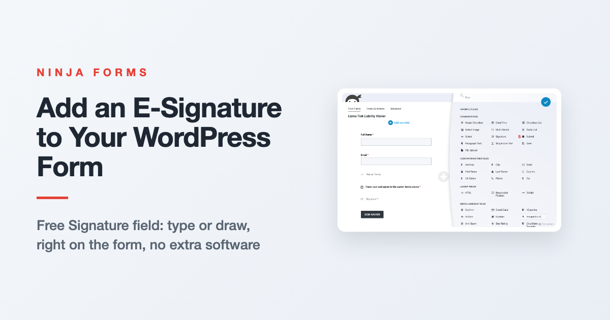 An e-signature WordPress form field showing a typed name in cursive next to a hand-drawn signature.