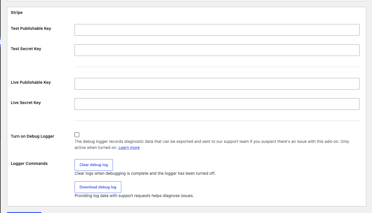 The Stripe section of the Ninja Forms settings page, with empty fields for Test Publishable Key, Test Secret Key, Live Publishable Key, and Live Secret Key.