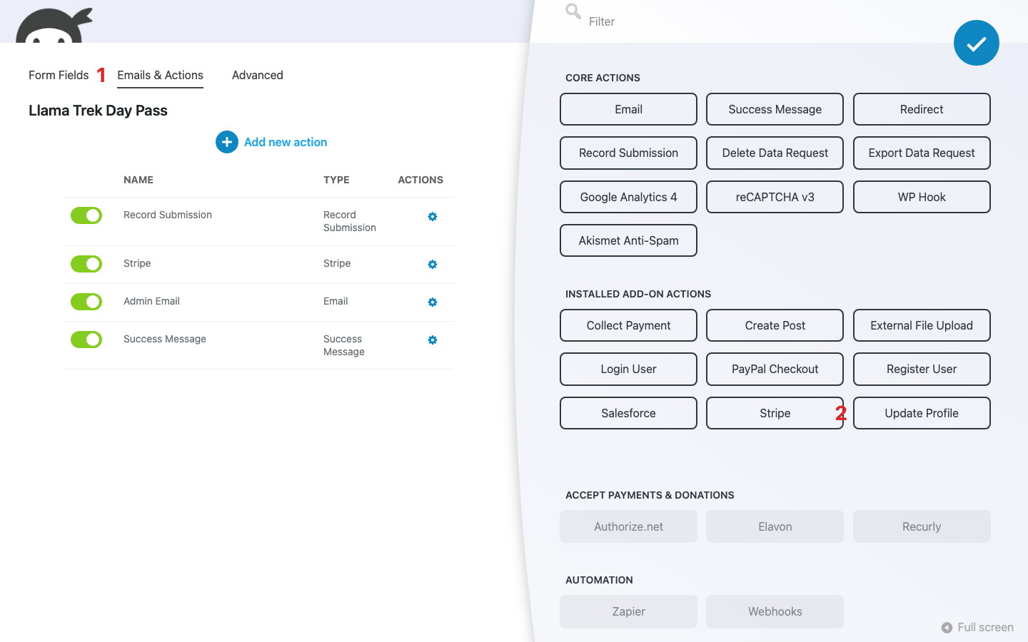 Ninja Forms builder on the Emails & Actions tab with the Actions window open, showing the Stripe tile beside the Collect Payment tile under Accept Payments & Donations.