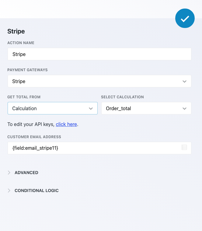 Ninja Forms Stripe action settings with Get Total From set to Calculation, Select Calculation set to order_total, and Customer Email Address holding the Email field merge tag.