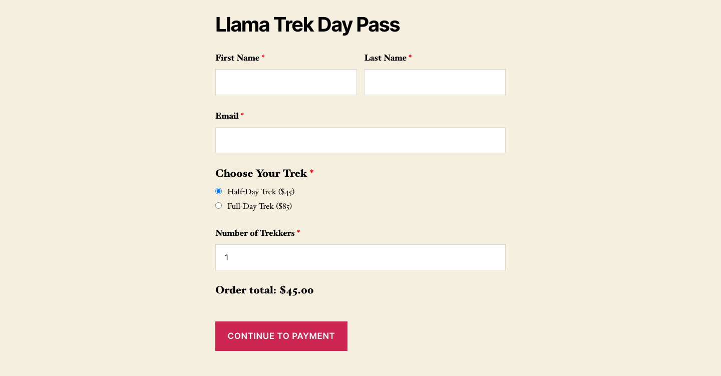 The Llama Trek Day Pass form on a WordPress page, with name and email fields, Choose Your Trek radio buttons, a Number of Trekkers field, an Order total line reading $45.00, and a Continue to Payment button.