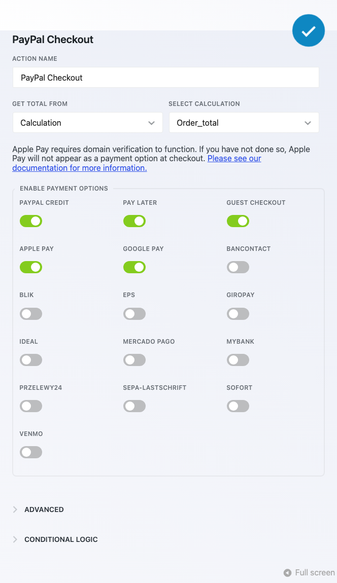 PayPal Checkout action settings in the Ninja Forms builder, with Get Total From set to Calculation and the Enable Payment Options toggles showing Apple Pay and Google Pay switched on, plus the Apple Pay domain verification notice.