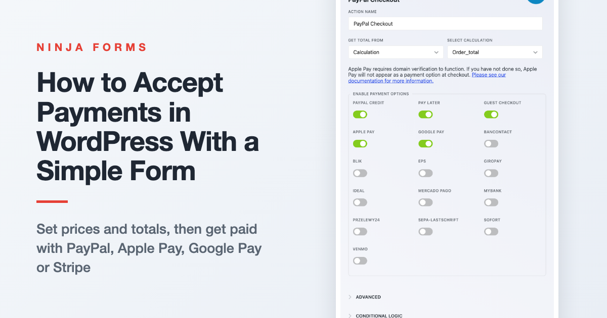 WordPress payment form that lets visitors accept payments in WordPress with PayPal, Apple Pay and Google Pay