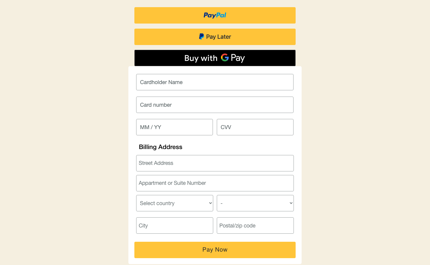 Payment area on the binturong sanctuary visit pass form after submit, showing the PayPal, Pay Later, and Google Pay buttons above the card payment form.
