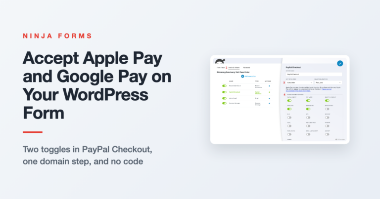 Apple Pay WordPress checkout: a phone showing a form's payment area with Apple Pay and Google Pay buttons