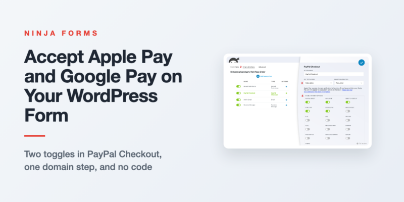 Apple Pay WordPress checkout: a phone showing a form's payment area with Apple Pay and Google Pay buttons