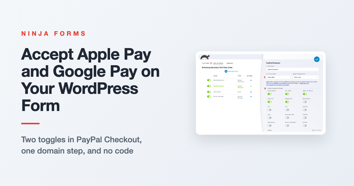 Apple Pay WordPress checkout: a phone showing a form's payment area with Apple Pay and Google Pay buttons