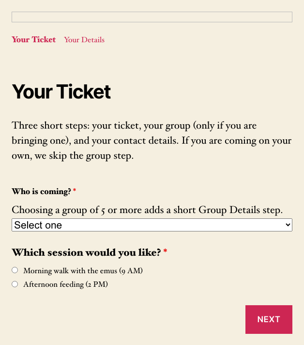 The first step of a Ninja Forms multi-step registration form, with step names Your Ticket and Your Details across the top, a progress bar, the Your Ticket heading, the step's fields, and a Next button.