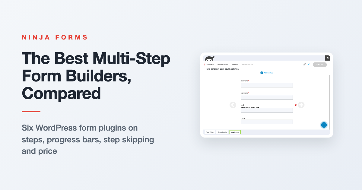 The Best Multi-Step Form Builders, Compared: the Ninja Forms builder showing a form split into three steps
