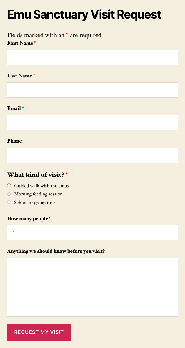 An unstyled Ninja Forms emu sanctuary visit request form on a beige page, with plain black labels, default grey field borders and a plain Submit button.
