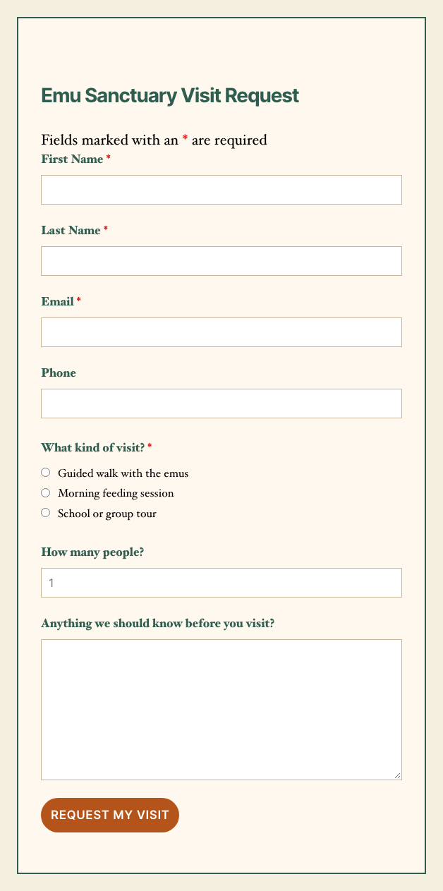 The same emu sanctuary visit request form styled with a cream background, a forest green border, title and labels, sand-colored field borders and a rounded burnt orange Request My Visit button.