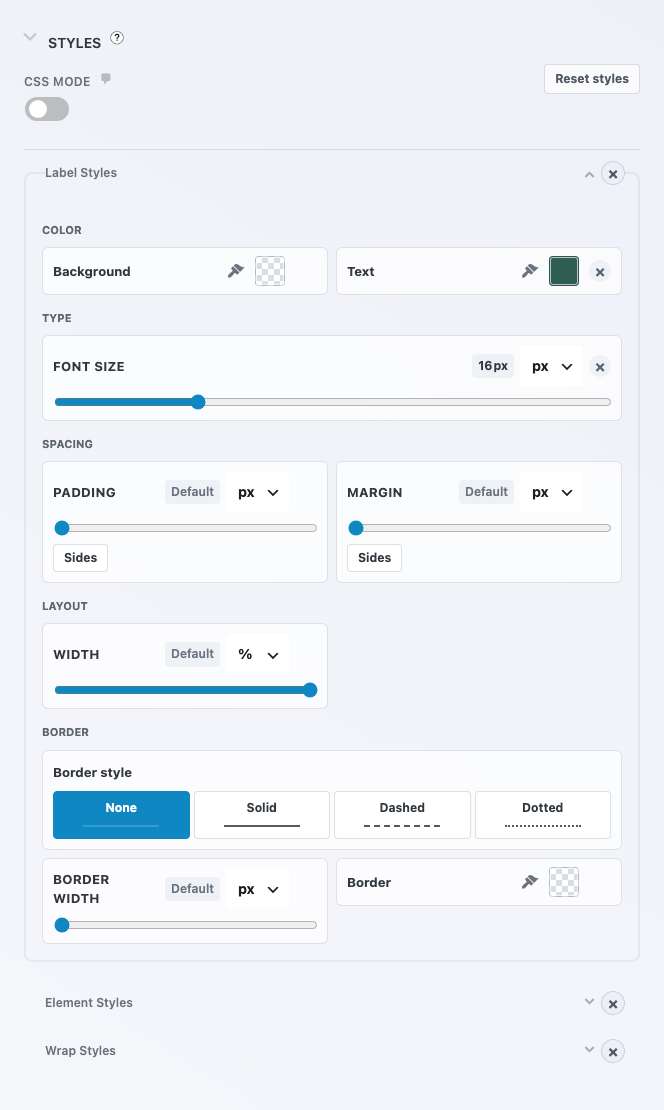 Ninja Forms field settings window for the First Name field with the Styles settings expanded and Label Styles open, showing a forest green Text color and a 16px Font size.