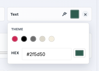 The Visual Styles Editor color panel open on a label's Text color, showing a Theme row of swatches from the active theme and a Hex box.