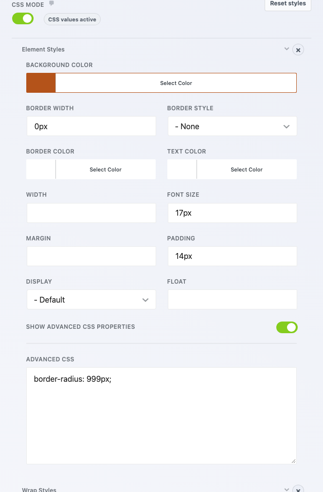 The Submit field's Styles settings with CSS mode on, showing typed inputs for Background Color, Border Width and Font Size and an Advanced CSS box containing border-radius: 999px;.