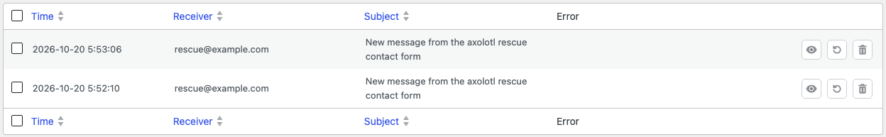 WP Mail Logging log table showing an entry with the subject New message from the axolotl rescue contact form, its receiver and the time it was sent.
