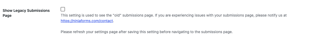 Ninja Forms Settings page, Advanced Settings section, showing the Show Legacy Submissions Page setting.