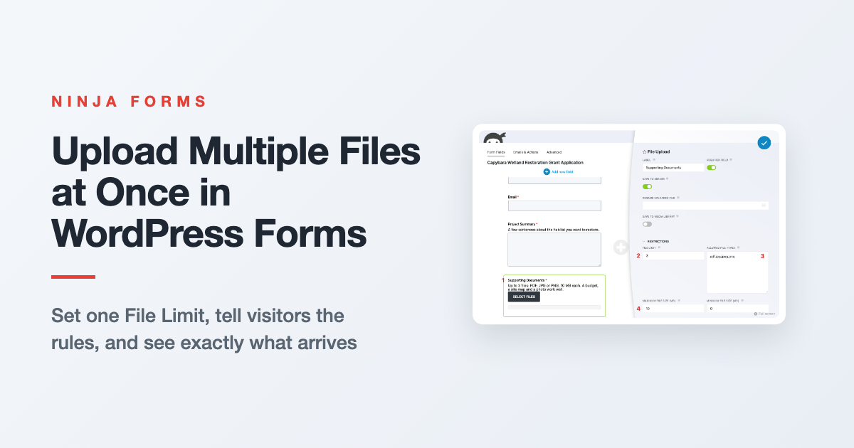 Ninja Forms File Upload field set to take three files at once, showing how to upload multiple files in WordPress forms