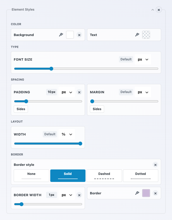Ninja Forms field settings for the First Name field with Styles expanded and Element Styles open, showing color squares, padding and margin sliders with Sides controls, and None, Solid, Dashed and Dotted border buttons.