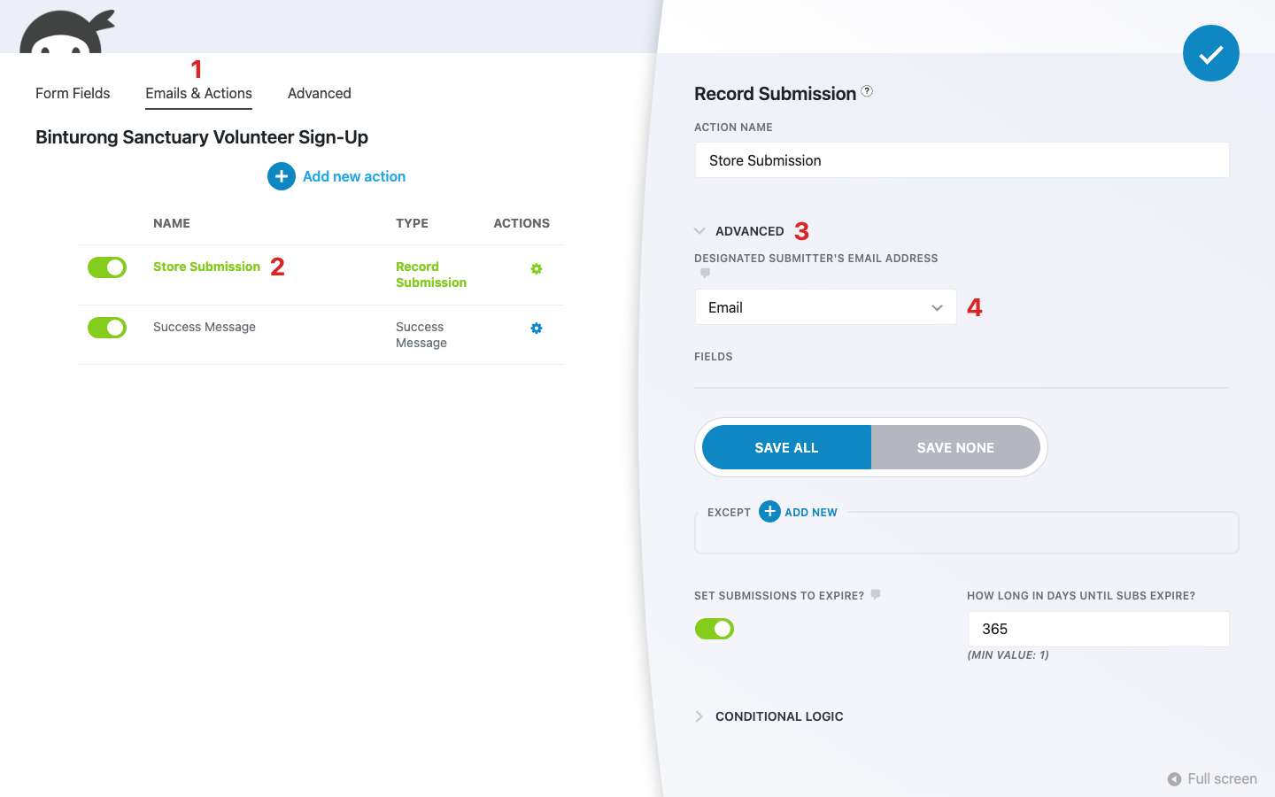Ninja Forms builder on the Emails & Actions tab of the Binturong Sanctuary Volunteer Sign-Up form, with the Store Submission action open, its Advanced section expanded, and the Designated Submitter's Email Address dropdown set to the Email field.