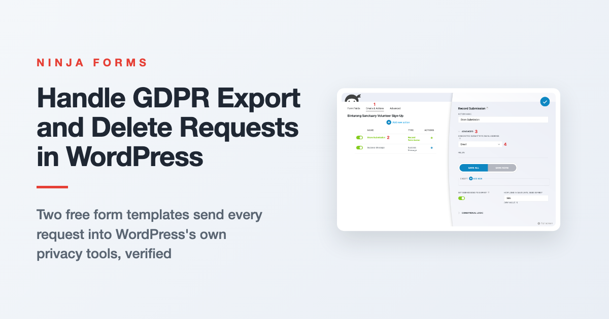 Ninja Forms request form sending a GDPR export or delete request into the built-in WordPress privacy tools
