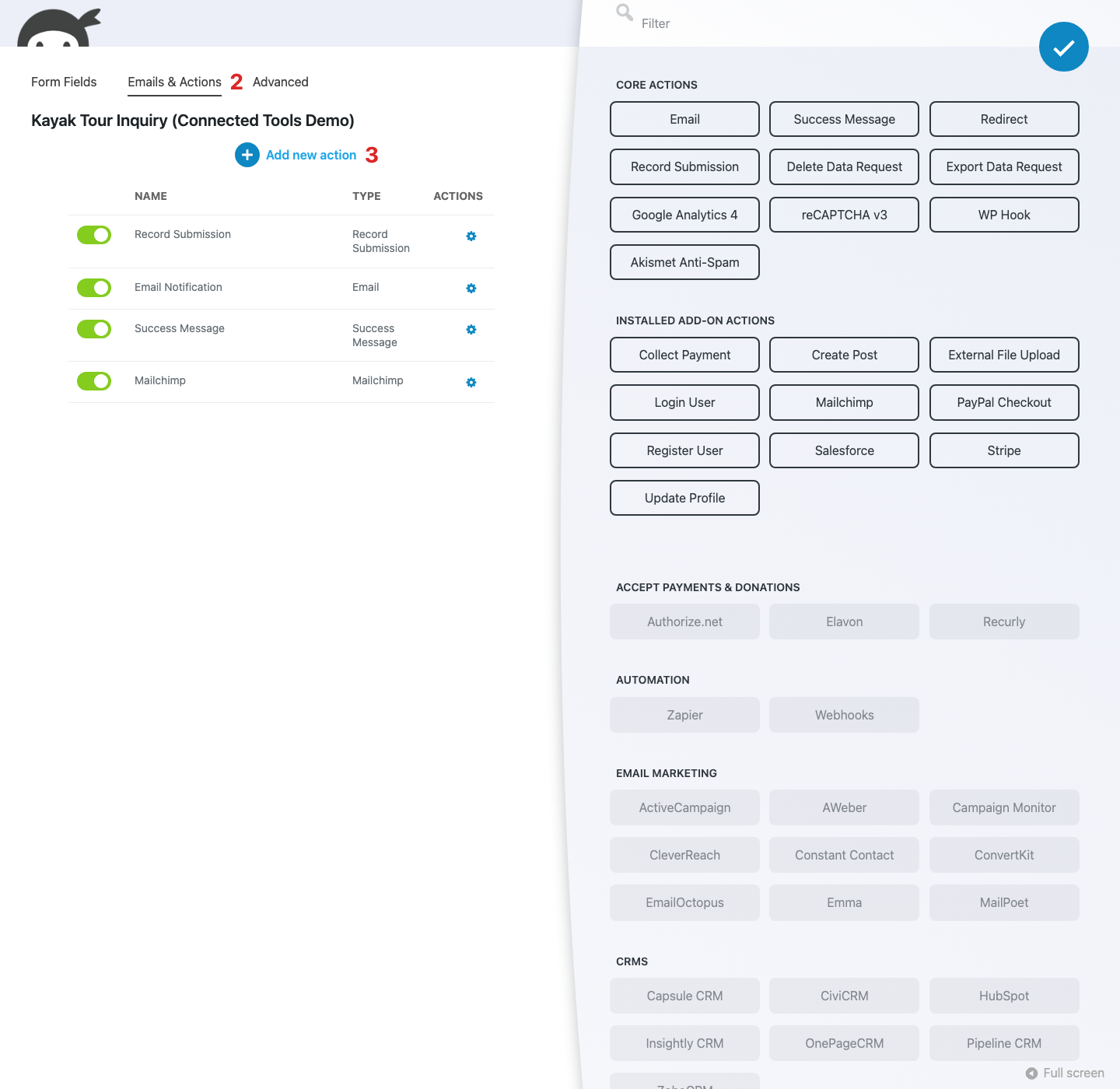Ninja Forms builder with the Emails & Actions tab active and the Actions window open, listing Core Actions, Installed Add-on Actions, and add-on categories such as Automation, Email Marketing, and CRMs.