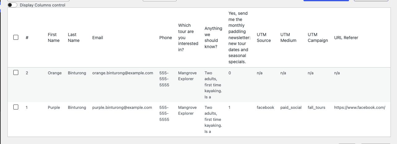 Ninja Forms Submissions table for a kayak tour inquiry form, with UTM Source, UTM Medium, and UTM Campaign columns showing facebook, paid_social, and fall_tours on one entry and n/a on another.