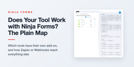 Ninja Forms integrations map showing CRM and email marketing add-ons, plus Zapier and Webhooks for every other tool