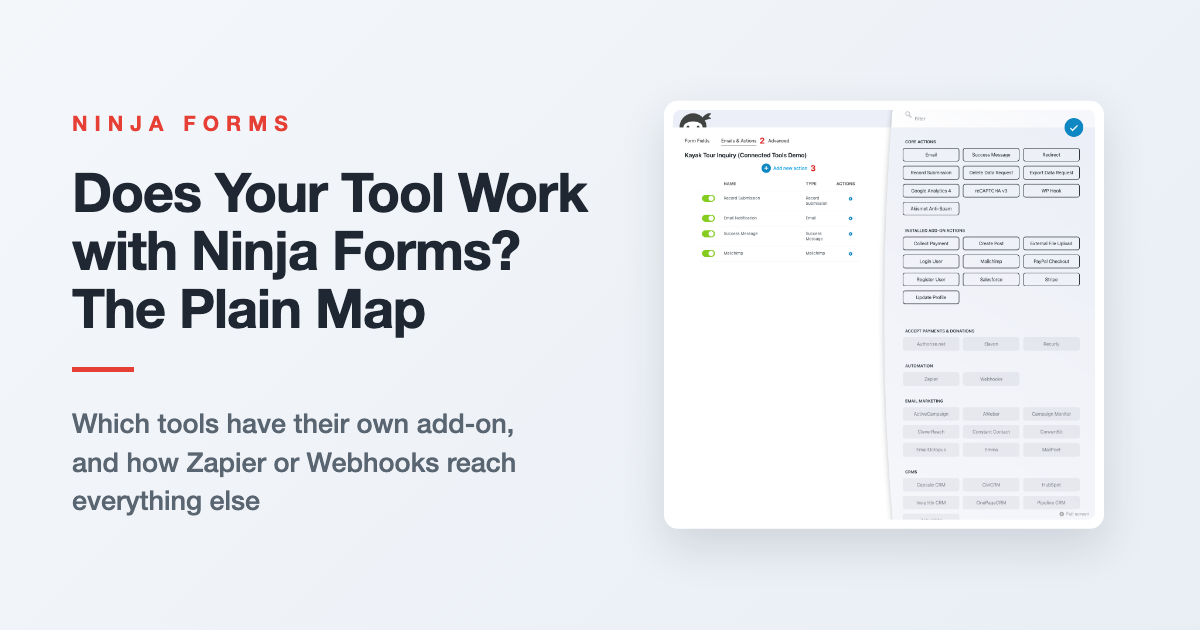 Ninja Forms integrations map showing CRM and email marketing add-ons, plus Zapier and Webhooks for every other tool