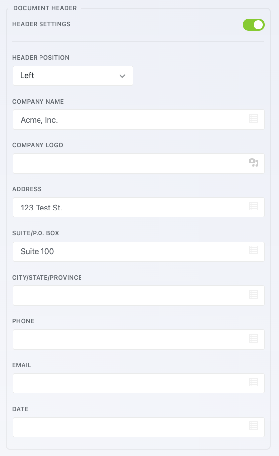 PDF header and footer configuration panel with logo placement and alignment options