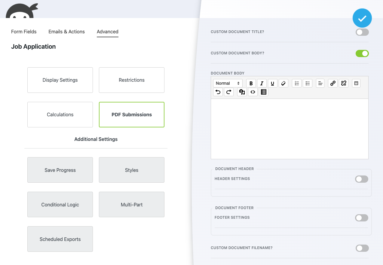 PDF template editor in Ninja Forms builder showing rich text editor