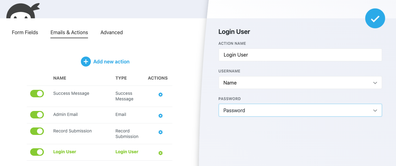 WordPress login form built with Ninja Forms showing username and password fields with forgot password link