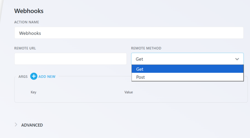 Ninja Forms Webhooks action Remote Method dropdown showing GET and POST options