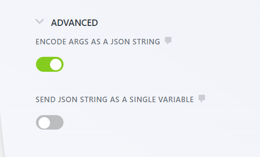 Ninja Forms Webhooks Advanced settings showing the Encode ARGS as JSON string checkbox enabled