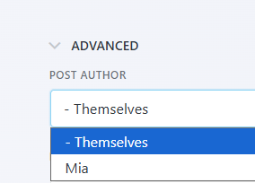 Post author setting in the Create Post action advanced section showing Themselves and Administrator options