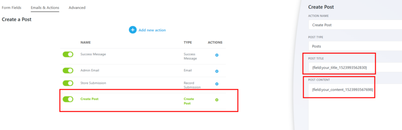 Ninja Forms Create Post action configured with merge tags mapped to post title and content fields