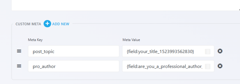 Custom Meta section in the Create Post action showing two meta key and value pairs mapped to form fields