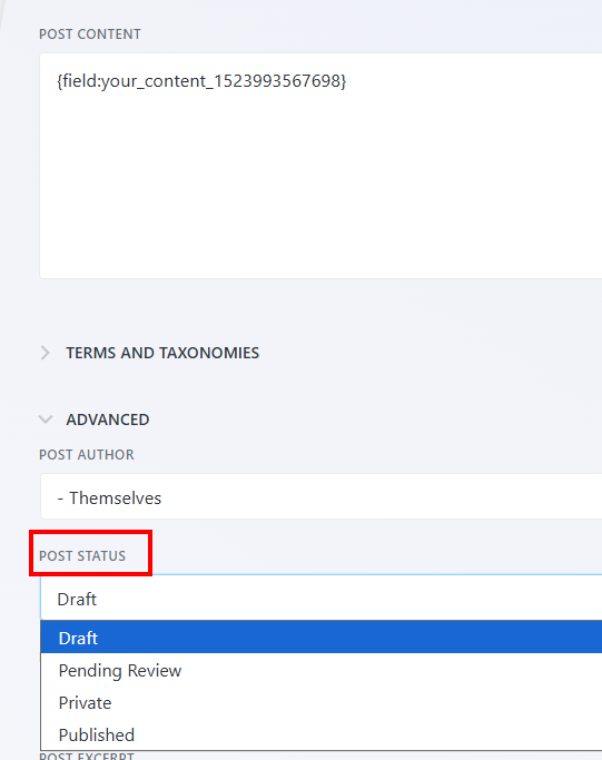 Post status dropdown in Front-End Posting action settings showing Draft, Pending Review, Private, and Published options