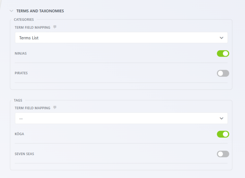 Terms and Taxonomies section in the Create Post action showing category and tag field mappings