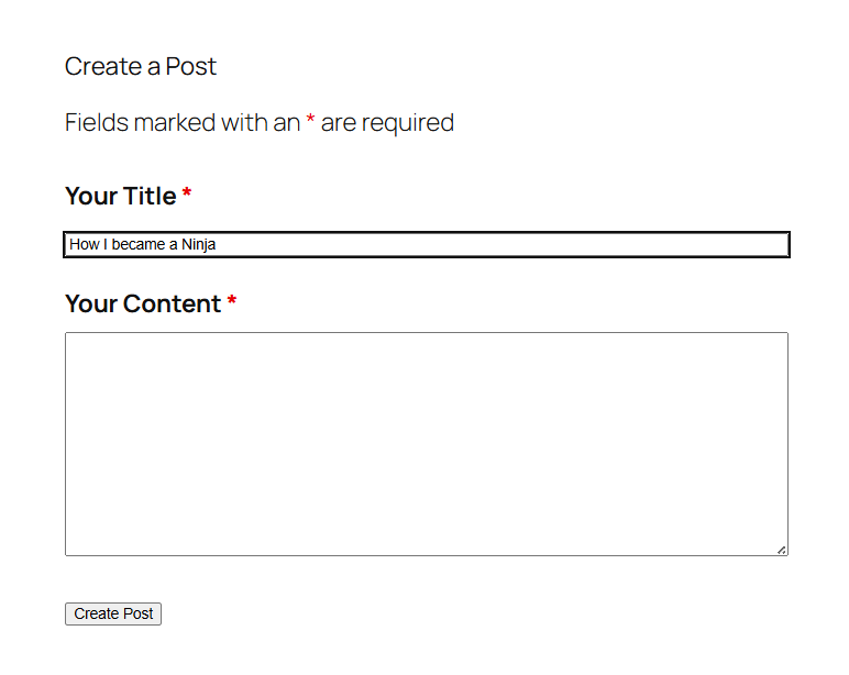 A front-end post submission form as seen by a site visitor, with no WordPress admin interface visible