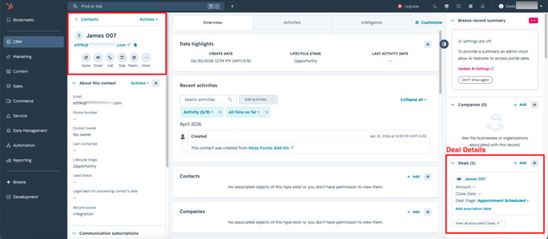 HubSpot CRM record showing a Deal automatically linked to a Contact created in the same form submission