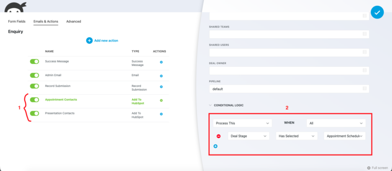 Ninja Forms Conditional Logic panel showing rules that control a HubSpot action based on form field values