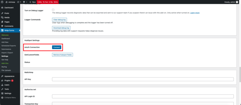 Ninja Forms Settings screen showing HubSpot OAuth connection button
