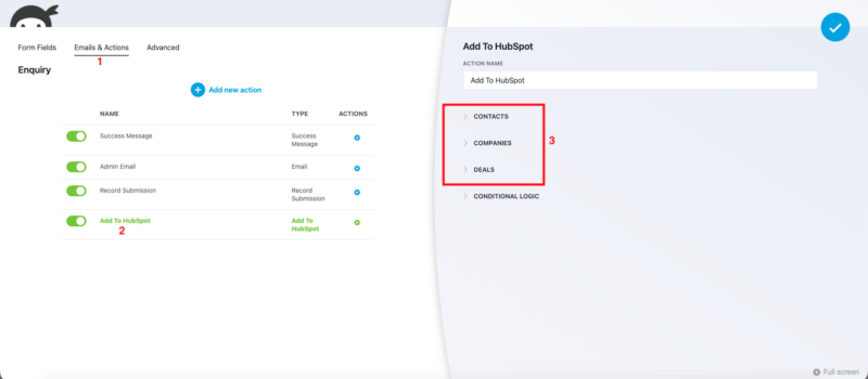 Ninja Forms builder showing HubSpot action with Contact, Company, and Deal object type options