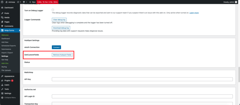 Ninja Forms HubSpot settings showing the Retrieve HubSpot Fields button