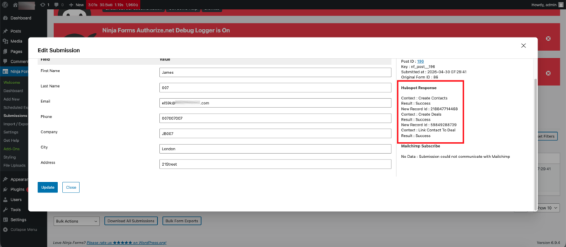 Ninja Forms Submissions view with HubSpot Response tab showing successful submission log